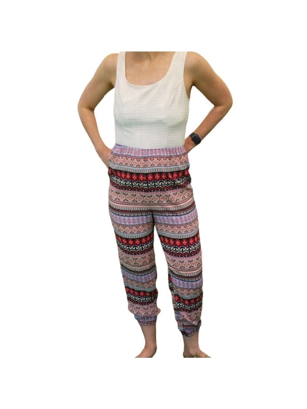 Stoosh Jumpsuit Sleeveless Solid White Top Multicolored Printed Bottom Size Lg - Picture 1 of 6